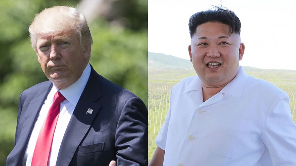 U.S. President Donald Trump walks to Marine One prior to departing from the South Lawn of the White House in Washington, on April 28, 2017, as he travels to Atlanta, Georgia | North Korean leader Kim Jong-Un inspecting the Taedonggang Combined Fruit Farm, in Pyongyang, in this undated photo released on Aug. 18, 2016.