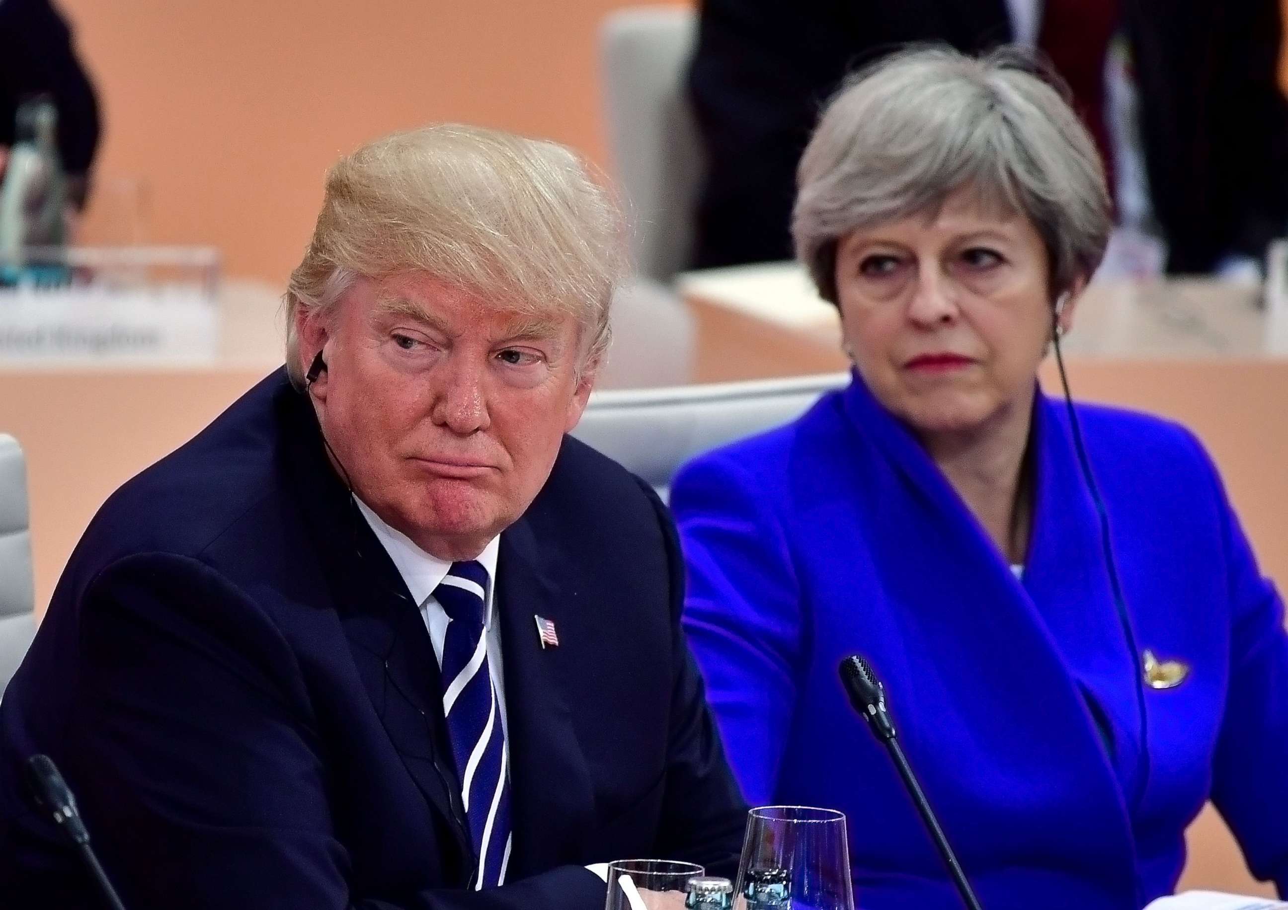 PHOTO: President Donald Trump and British Prime Minister Theresa May pictured during the first working session of the G20 Nations Summit on July 7, 2017 in Hamburg.