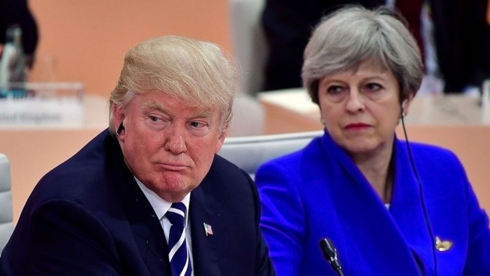 PHOTO: President Donald Trump and British Prime Minister Theresa May pictured during the first working session of the G20 Nations Summit on July 7, 2017 in Hamburg.