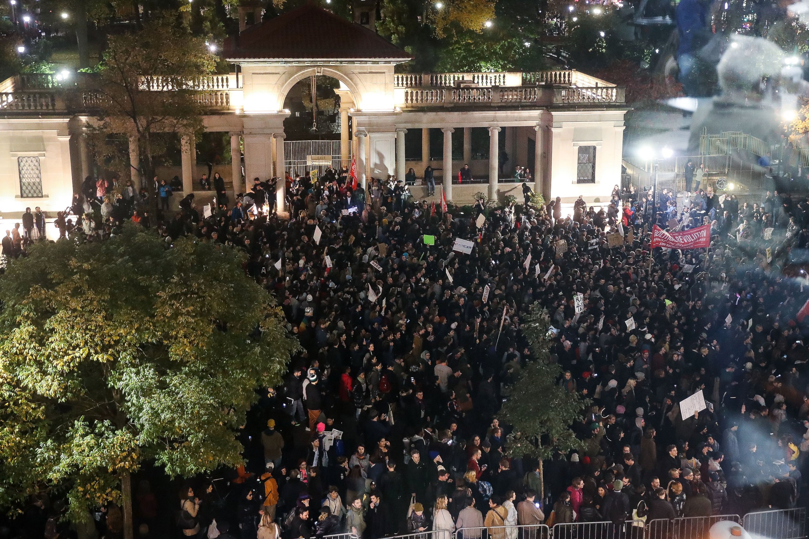 PHOTO: Hundreds of protestors rallying against Donald Trump gather in Union Square, Nov. 9, 2016 in New York City. 