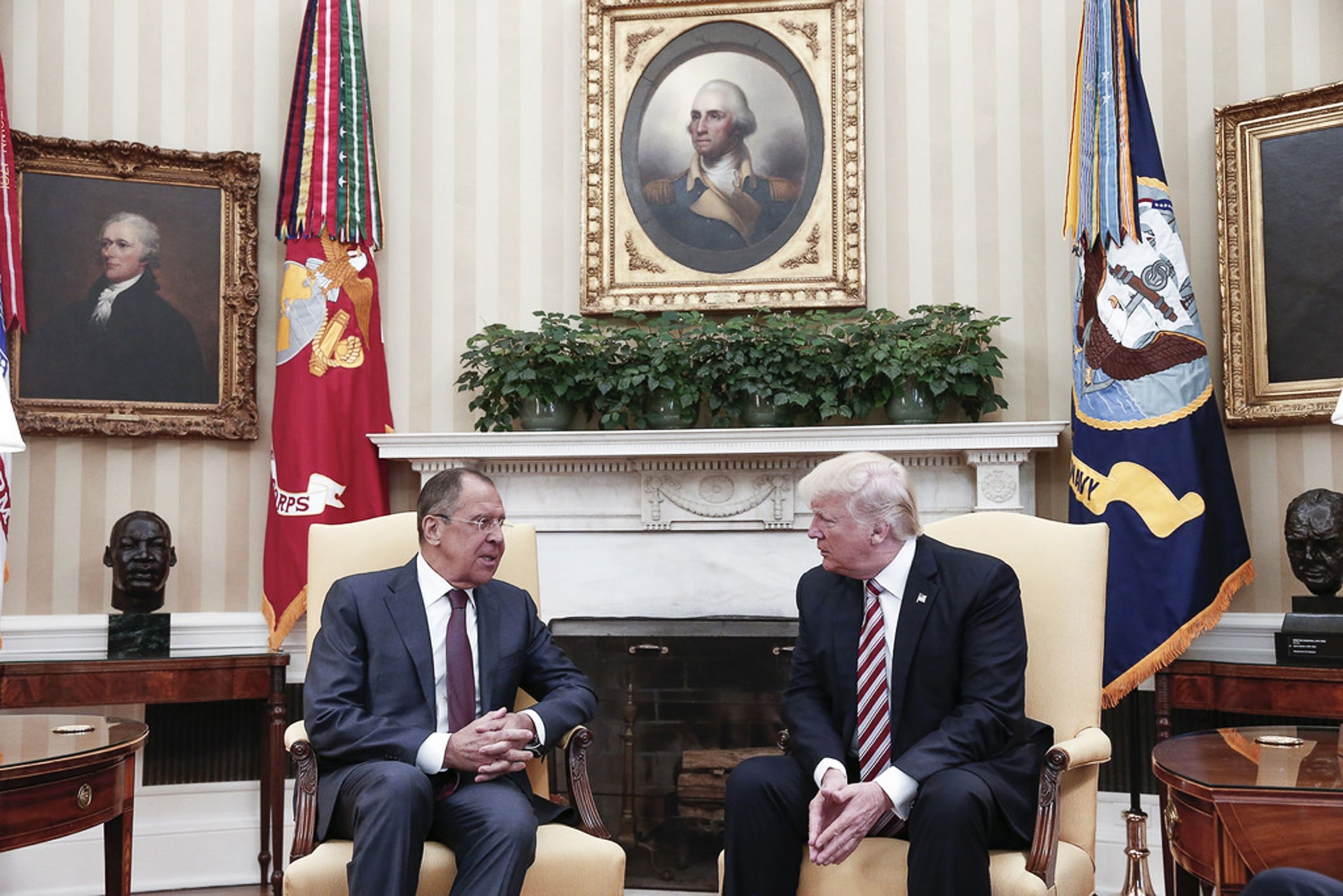 PHOTO: This handout photo taken on May 10, 2017 and made available by the Russian Foreign Ministry shows President Donald J. Trump meeting with Russian Foreign Minister Sergei Lavrov in the Oval office at the White House in Washington, DC. 