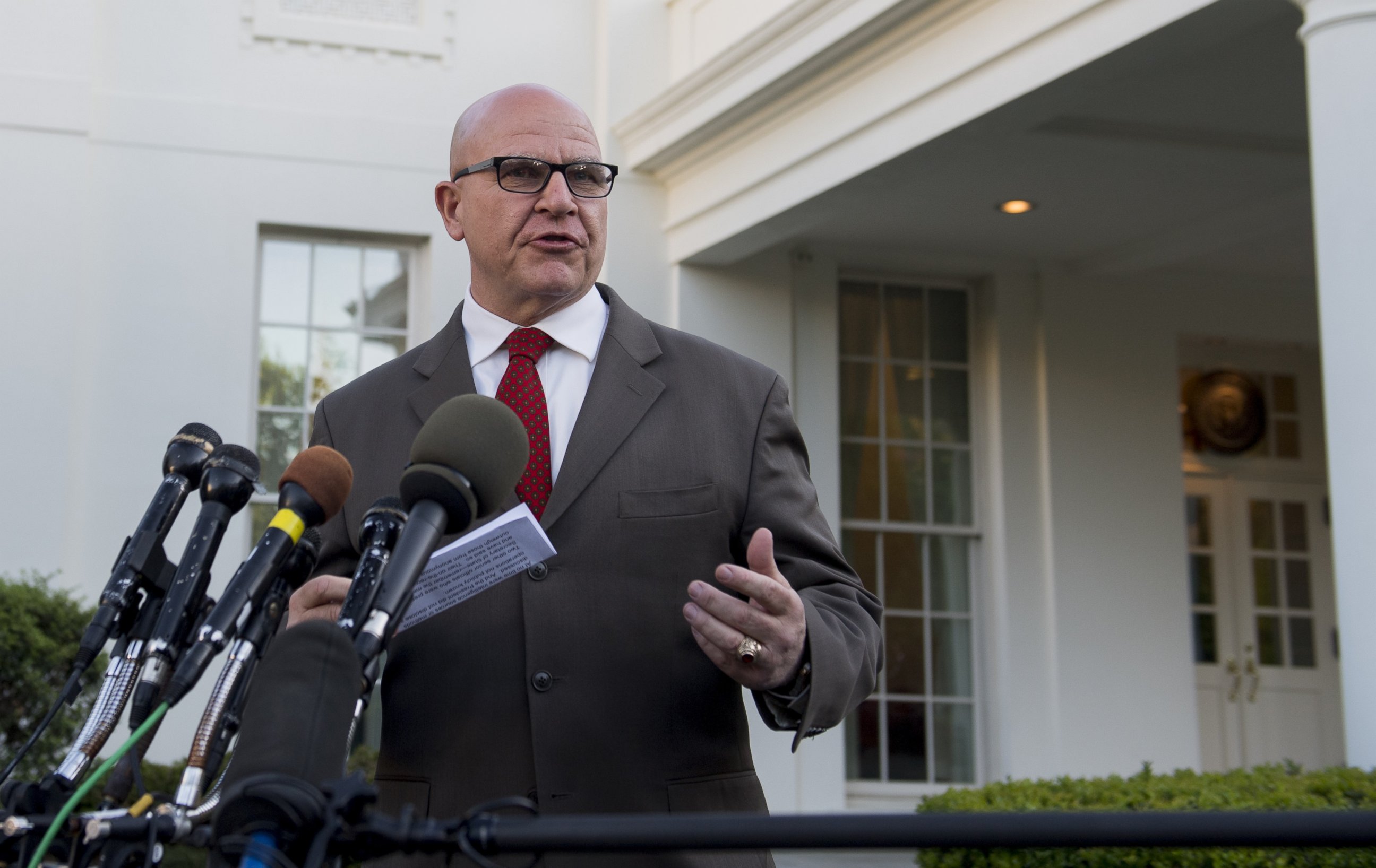 PHOTO: US National Security Advisor H. R. McMaster speaking to the press outside of the West Wing of the White House, May 15, 2017.