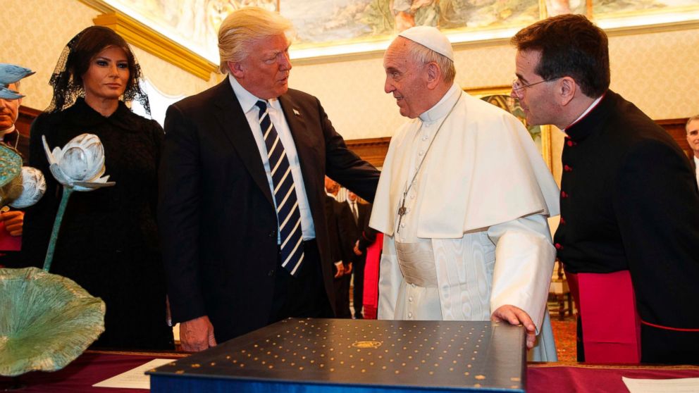 PHOTO: Pope Francis exchanges gifts with President Donald Trump and First Lady Melania Trump during a private audience at the Vatican on May 24, 2017. President Trump met Pope Francis at the Vatican today in their first face-to-face encounter.