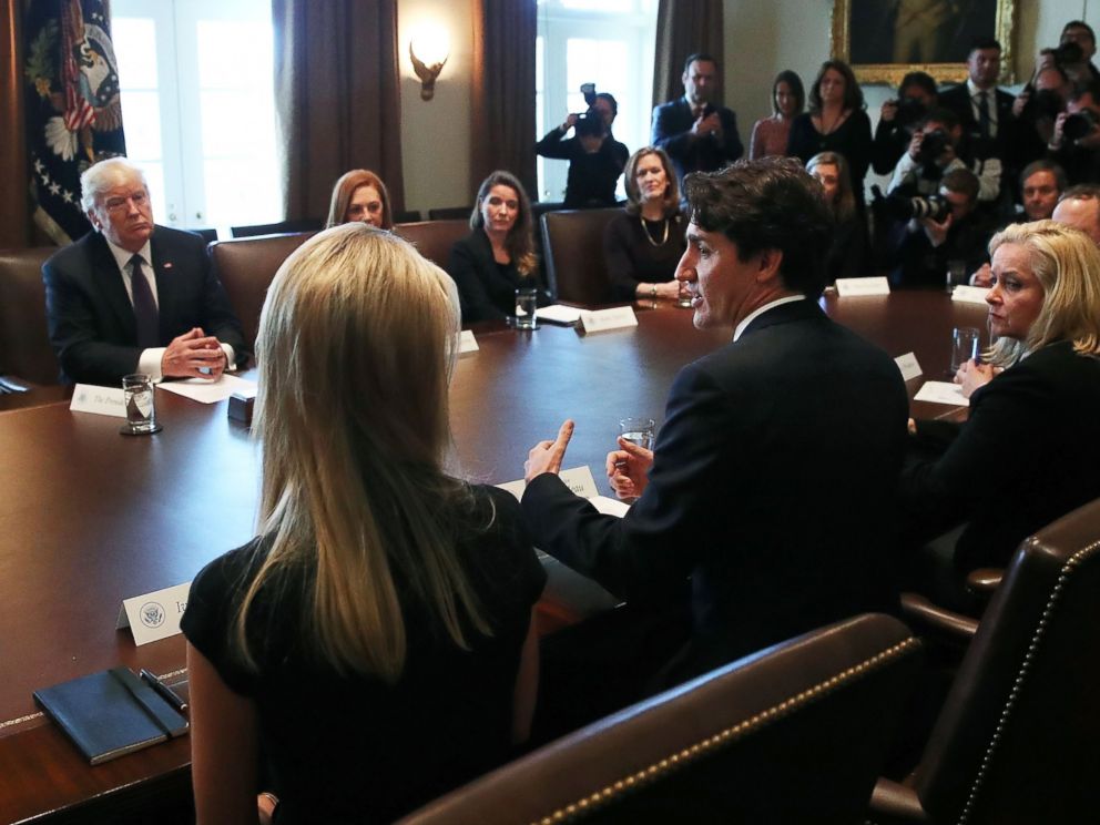 PHOTO: Canadian Prime Minister Justin Trudeau, foreground, speaks as President Donald Trump listens, during a roundtable discussion on the advancement of women entrepreneurs and business leaders at the White House, February 13, 2017