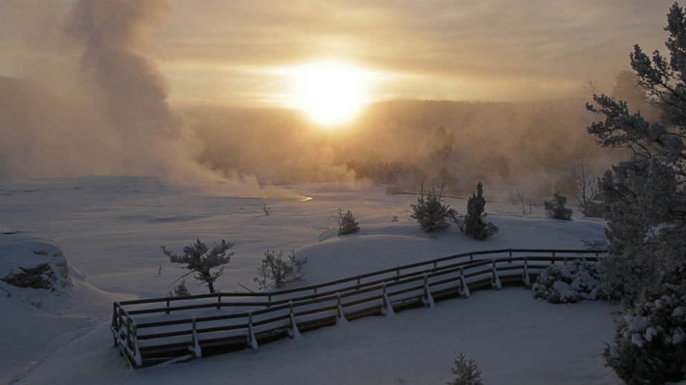 Winter sunrise over Mammoth Hot Springs, Yellowstone National Park, Wyoming, December 30, 2014.