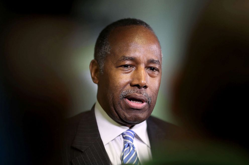 PHOTO: Housing and Urban Development Secretary Ben Carson speaks to the media during a visit to the Liberty Square apartment complex, April 12, 2017, in Miami.