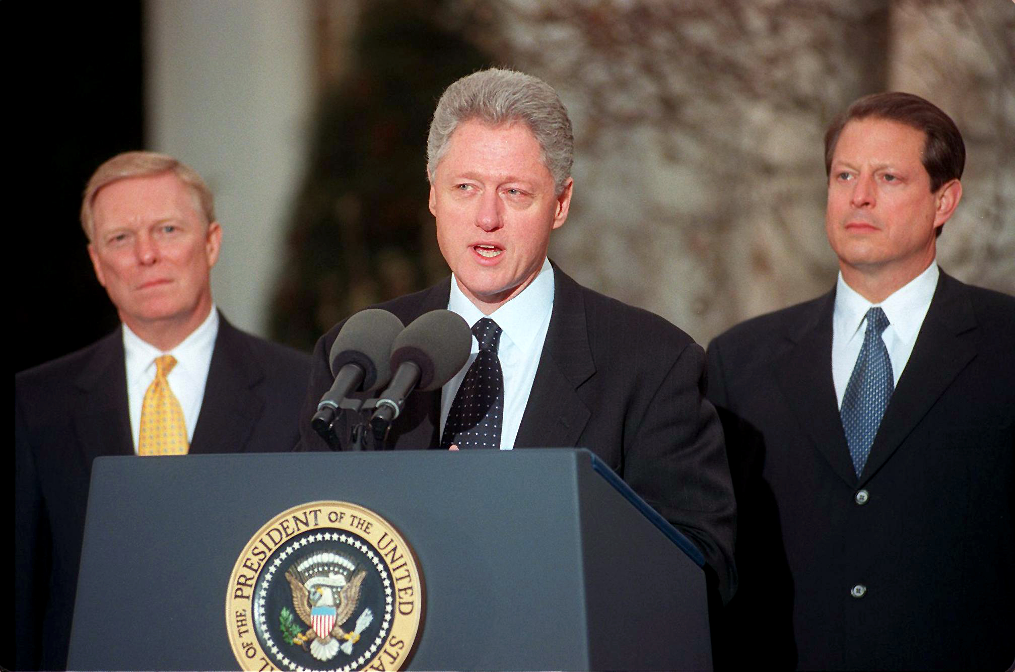 PHOTO: President Bill Clinton addresses the nation, Dec. 19, 1998, from the White House after the House of Representatives impeached him on charges of perjury and obstruction of justice.
