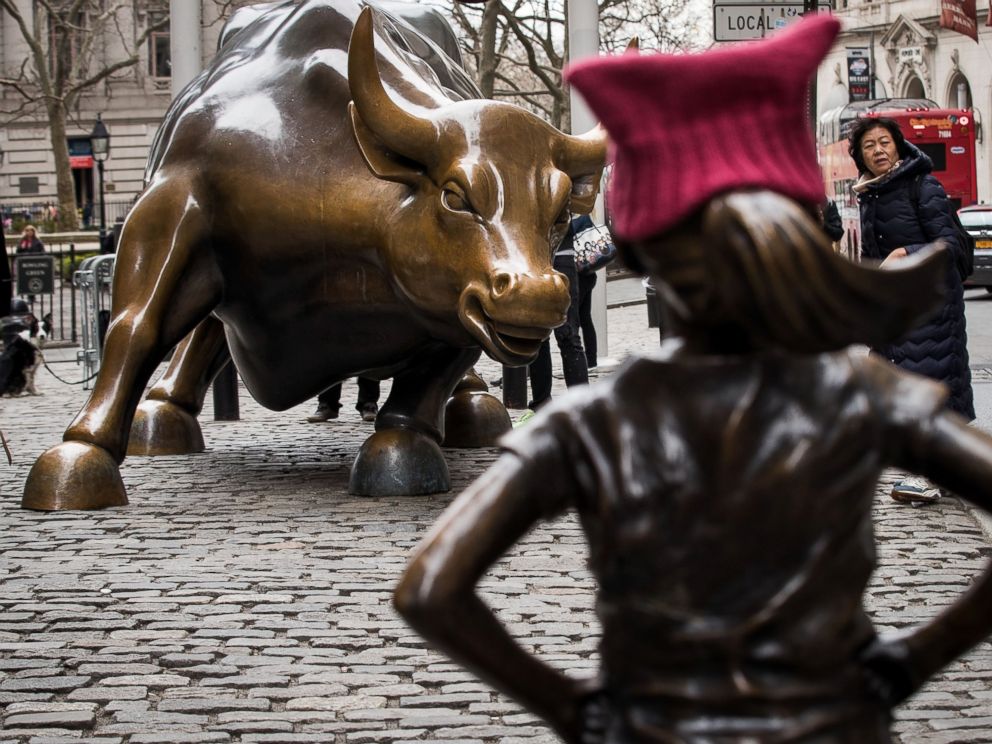PHOTO: The Fearless Girl statues stands across from the iconic Wall Street charging bull statue, March 8, 2017, in New York.