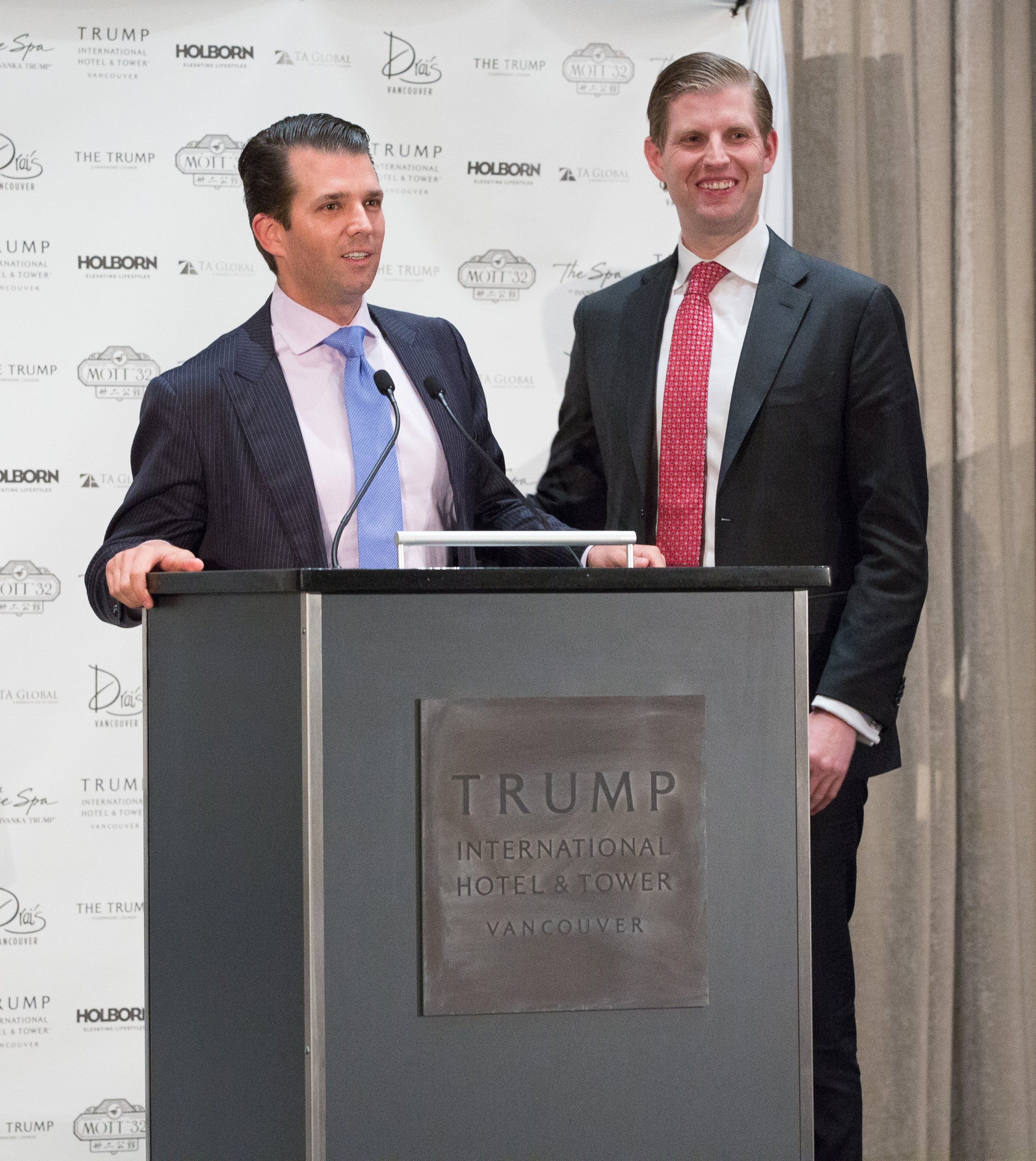 PHOTO: (L-R) Donald Trump Jr. and Eric Trump, Executive Vice Presidents of Development and Acquisition and Development for the Trump Organization, attend the Trump International Hotel And Tower Vancouver Grand Opening, Feb. 28, 2017 in Vancouver.