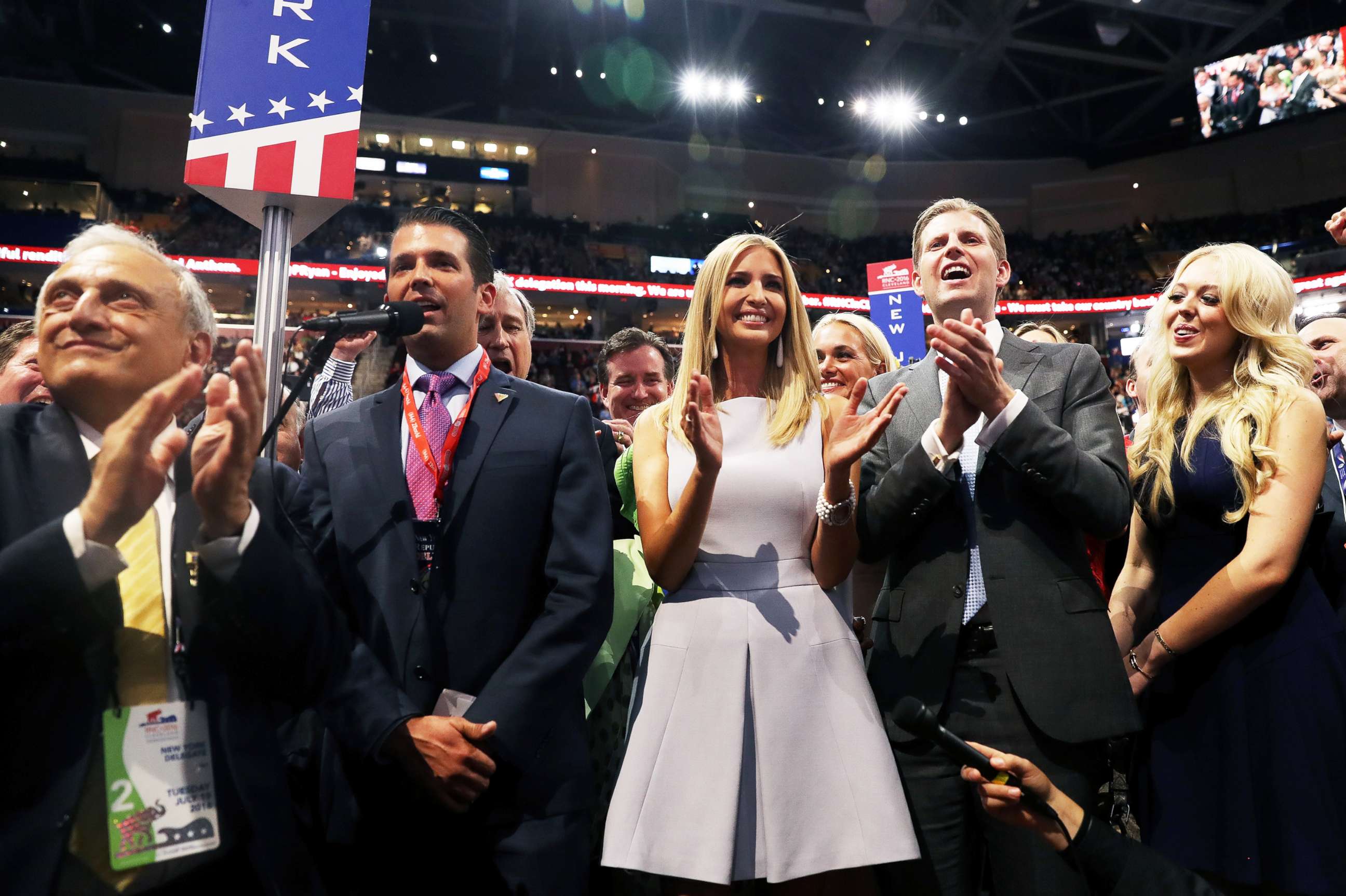 PHOTO: Donald Trump Jr., along with siblings Ivanka, Eric, and Tiffany, take part in the roll call in support of Republican presidential candidate Donald Trump on the second day of the Republican National Convention, July 19, 2016, in Cleveland.