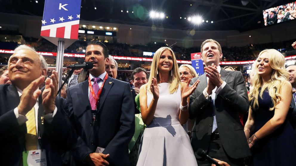 PHOTO: Donald Trump Jr., along with siblings Ivanka, Eric, and Tiffany, take part in the roll call in support of Republican presidential candidate Donald Trump on the second day of the Republican National Convention, July 19, 2016, in Cleveland.