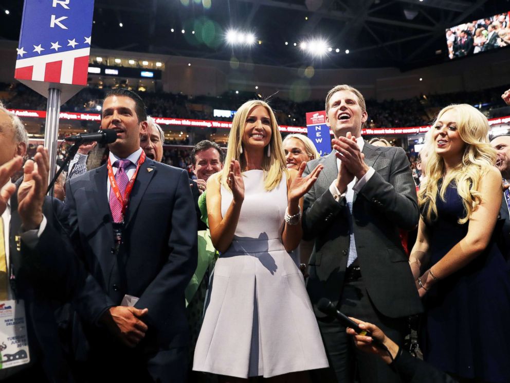 PHOTO: Donald Trump Jr., along with siblings Ivanka, Eric, and Tiffany, take part in the roll call in support of Republican presidential candidate Donald Trump on the second day of the Republican National Convention, July 19, 2016, in Cleveland.