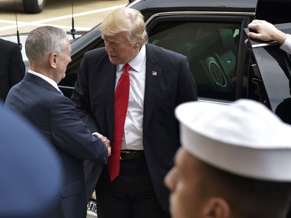 PHOTO: President Donald Trump is greeted by Defense Secretary James Mattis ahead of Mattis ceremonial swearing-in, Jan. 27, 2016, at the Pentagon in Washington.