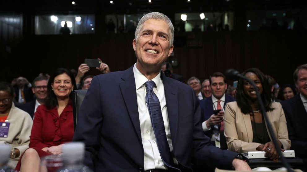 Neil Gorsuch arrives for the first day of his Supreme Court confirmation hearing before the Senate Judiciary Committee in the Hart Senate Office Building on Capitol Hill, March 20, 2017, in Washington.