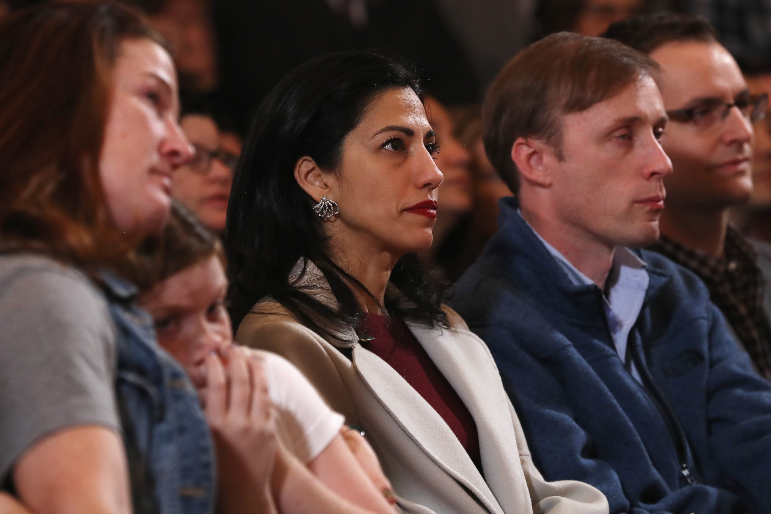 PHOTO: Staffer Huma Abedin listens as former Secretary of State Hillary Clinton concedes the presidential election at the New Yorker Hotel, Nov. 9, 2016, in New York City.