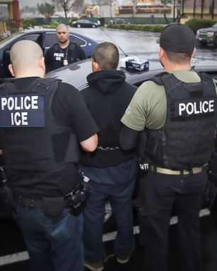 PHOTO: This image obtained Feb. 11, 2017 courtesy of the Immigration and Customs Enforcement (ICE) shows US Immigration and Customs Enforcement officers detaining a suspect during an enforcement operation on Feb. 7, 2017 in Los Angeles. 