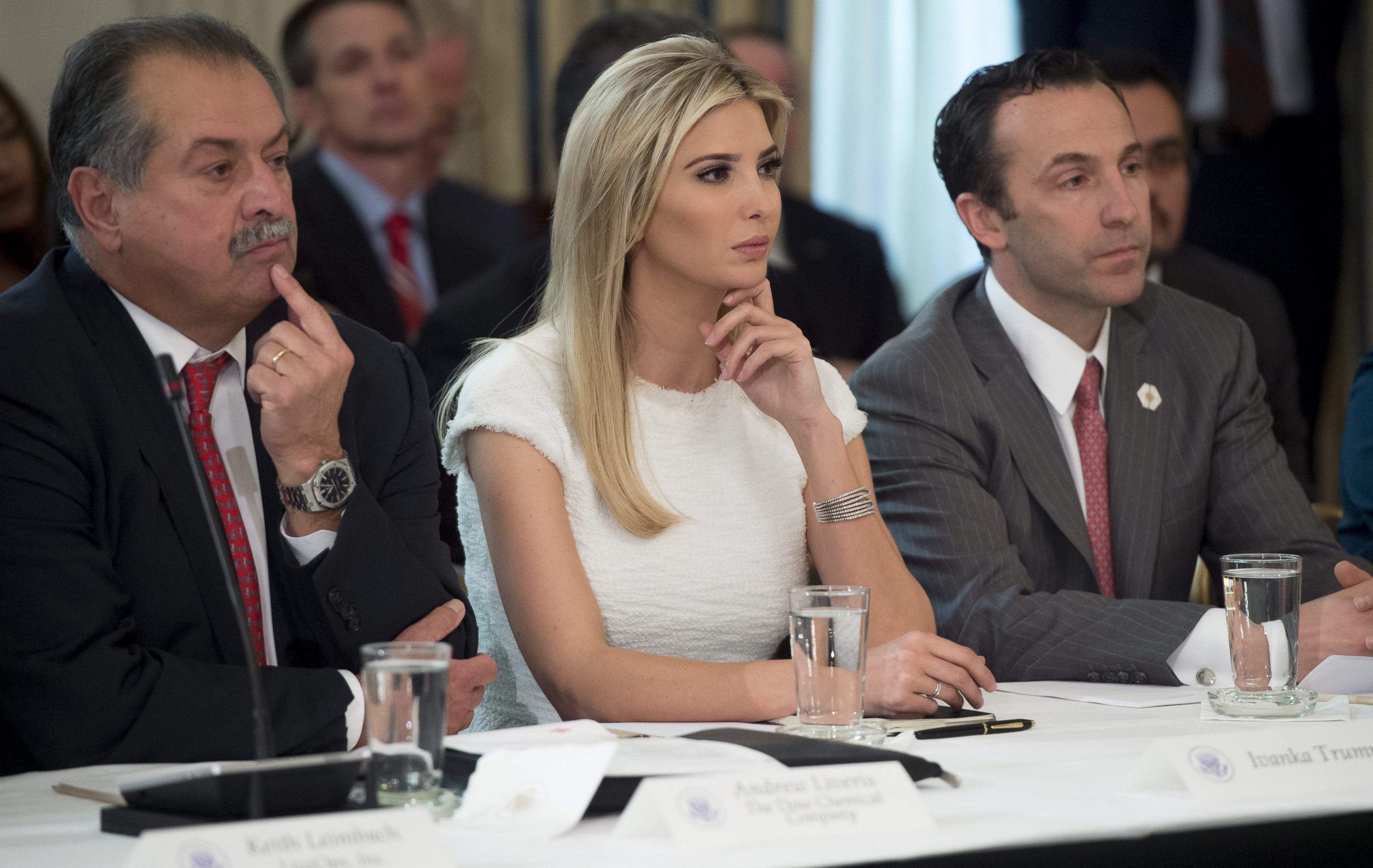 PHOTO: Ivanka Trump, Dow Chemical President, Chairman and CEO Andrew Liveris, left, and White House Assistant for Intragovernmental and Technology Initiatives Reed Cordish at the White House in Washington, Feb. 23, 2017. 