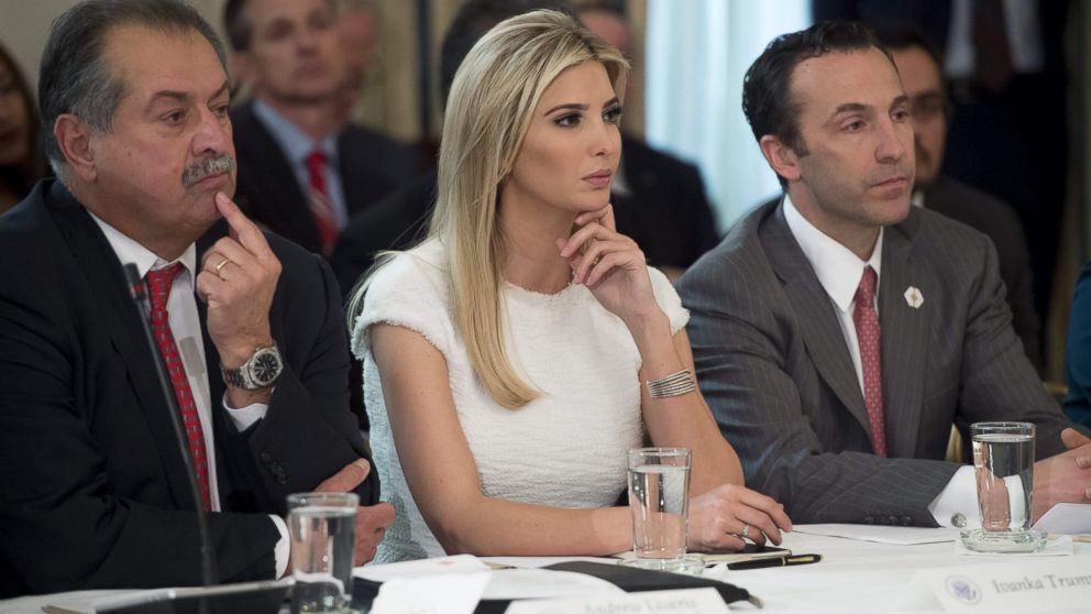 Ivanka Trump, Dow Chemical President, Chairman and CEO Andrew Liveris, left, and White House Assistant for Intragovernmental and Technology Initiatives Reed Cordish during a meeting with manufacturing CEOs at the White House in Washington, Feb. 23, 2017. 