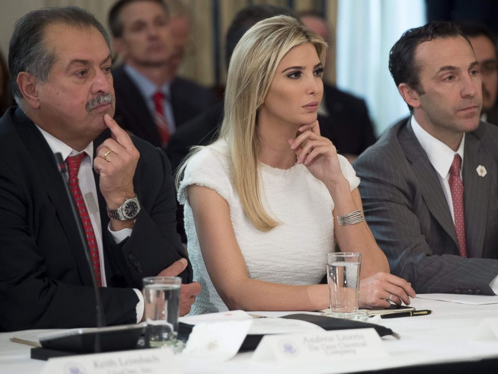 PHOTO: Ivanka Trump, Dow Chemical President, Chairman and CEO Andrew Liveris, left, and White House Assistant for Intragovernmental and Technology Initiatives Reed Cordish at the White House in Washington, Feb. 23, 2017.