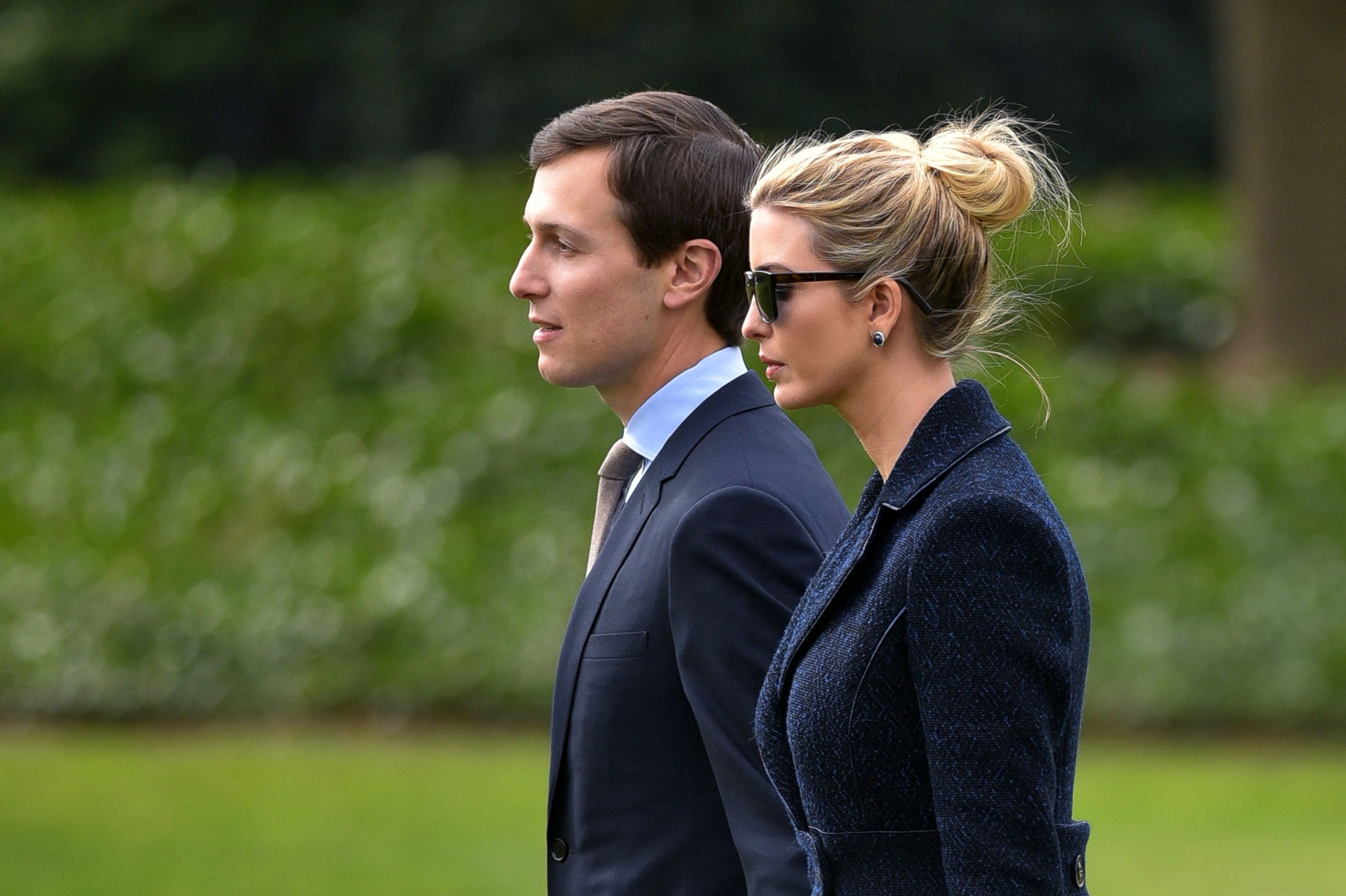 PHOTO: Senior Advisor to the President, Jared Kushner, left, walks with his wife Ivanka Trump to board Marine One at the White House in Washington, D.C., March 3, 2017.