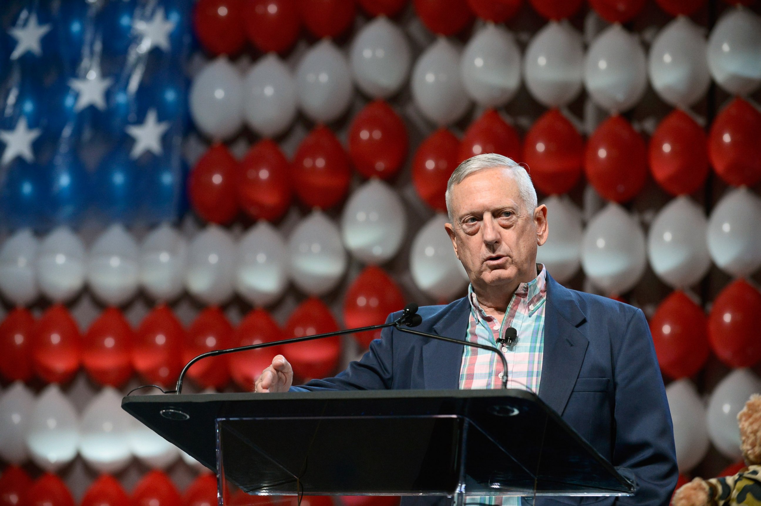 PHOTO: Retired Marine Corps Gen. James Mattis speaks during the DIRECTV and Operation Gratitude day of service at Caesars Palace, July 23, 2015 in Las Vegas.  
