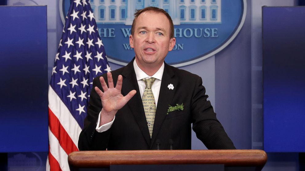 PHOTO: Office of Management and Budget Director Mick Mulvaney takes questions from reporters during a briefing at the White House, March 16, 2017, in Washington.