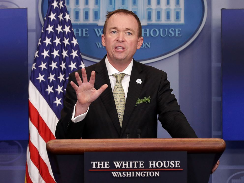 PHOTO: Office of Management and Budget Director Mick Mulvaney takes questions from reporters during a briefing at the White House, March 16, 2017, in Washington.