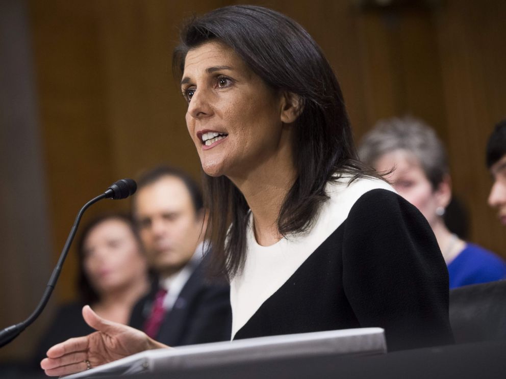 PHOTO: South Carolina Governor Nikki Haley testifies during her confirmation hearing for US Ambassador to the United Nations before the Senate Foreign Relations committee on Capitol Hill in Washington, Jan. 18, 2017.