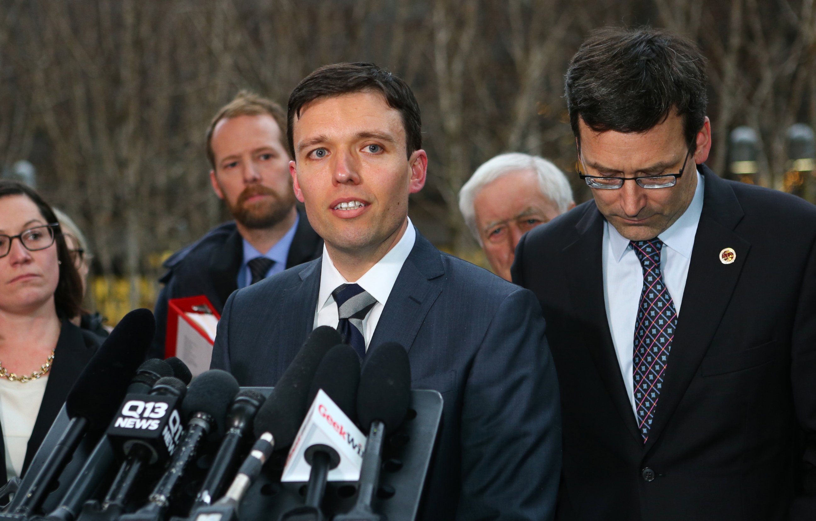 PHOTO: Solicitor General Noah Purcell speaks to the press with Washington state Attorney General Bob Ferguson (R) at a press conference outside U.S. District Court, Western Washington, Feb. 3, 2017 in Seattle, Washington. 