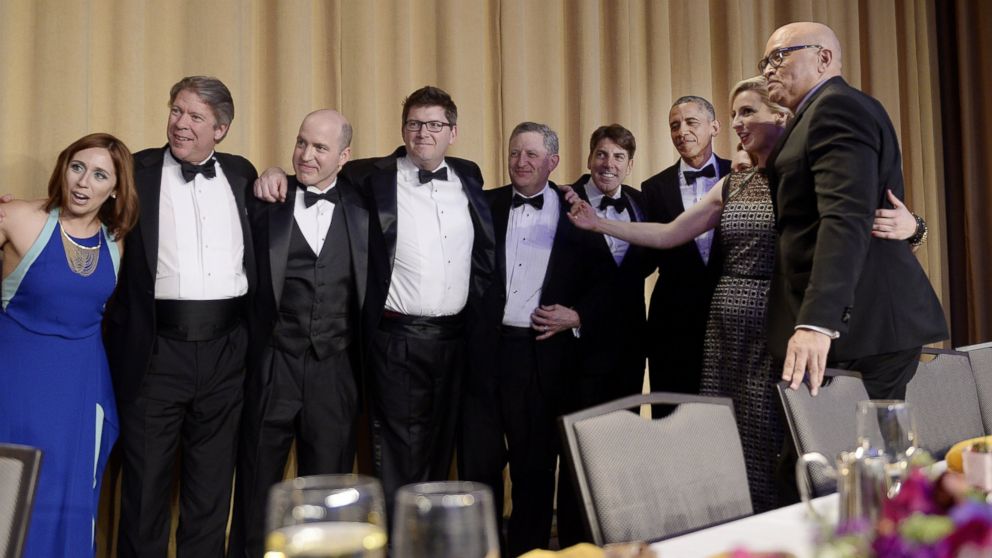 President Barack Obama poses with members of the White House Correspondents' Association during the White House Correspondents' Association annual dinner on April 30, 2016, at the Washington Hilton hotel in Washington.
