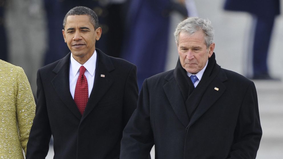 PHOTO: President Obama accompanies former president George W. Bush following the inaugural ceremony in Washington, Jan. 20, 2009. 