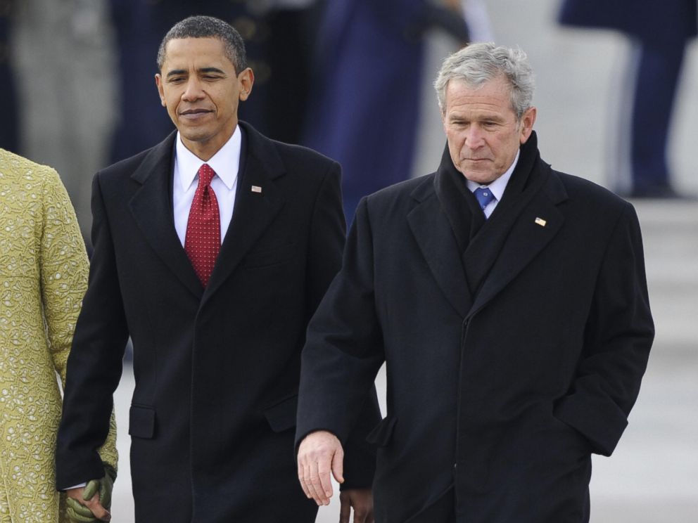 PHOTO: President Obama accompanies former president George W. Bush following the inaugural ceremony in Washington, Jan. 20, 2009. 