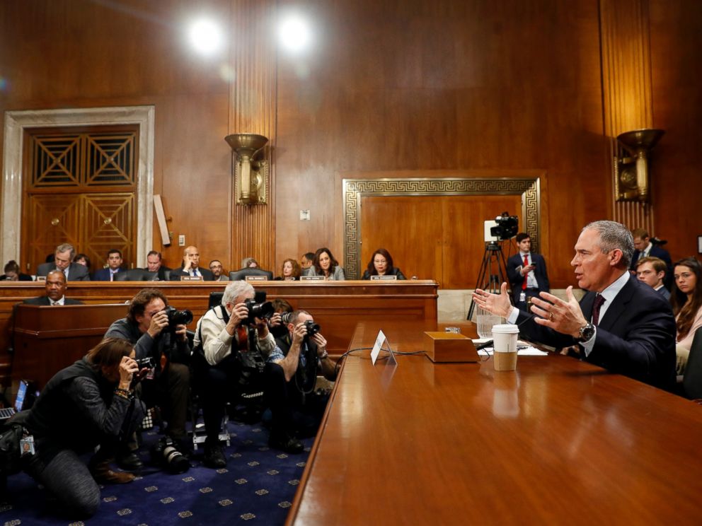 PHOTO: Oklahoma Attorney General Scott Pruitt testifies during his confirmation hearing before the Senate Committee on Environment and Public Works on Capitol Hill, Jan. 18, 2017, in Washington.