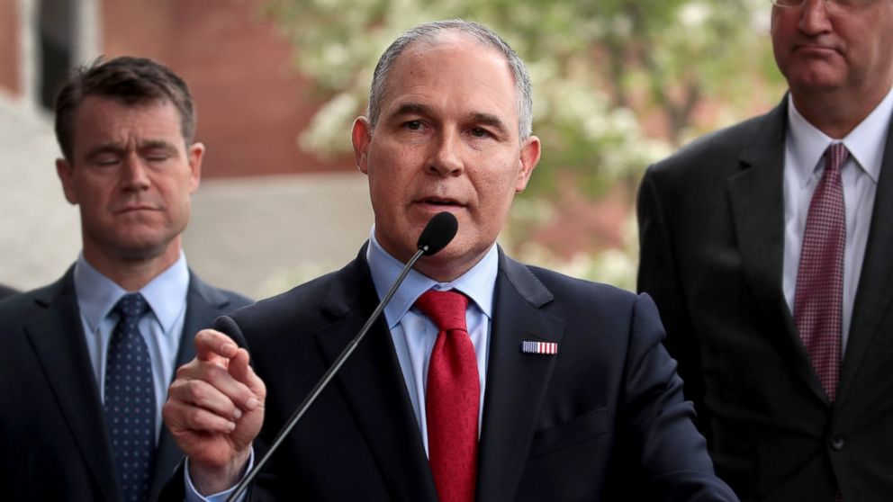 EPA Administrator Scott Pruitt makes a statement to the media after meeting residents from and taking a brief tour of the West Calumet Housing Complex, April 19, 2017, in East Chicago, Indiana. 