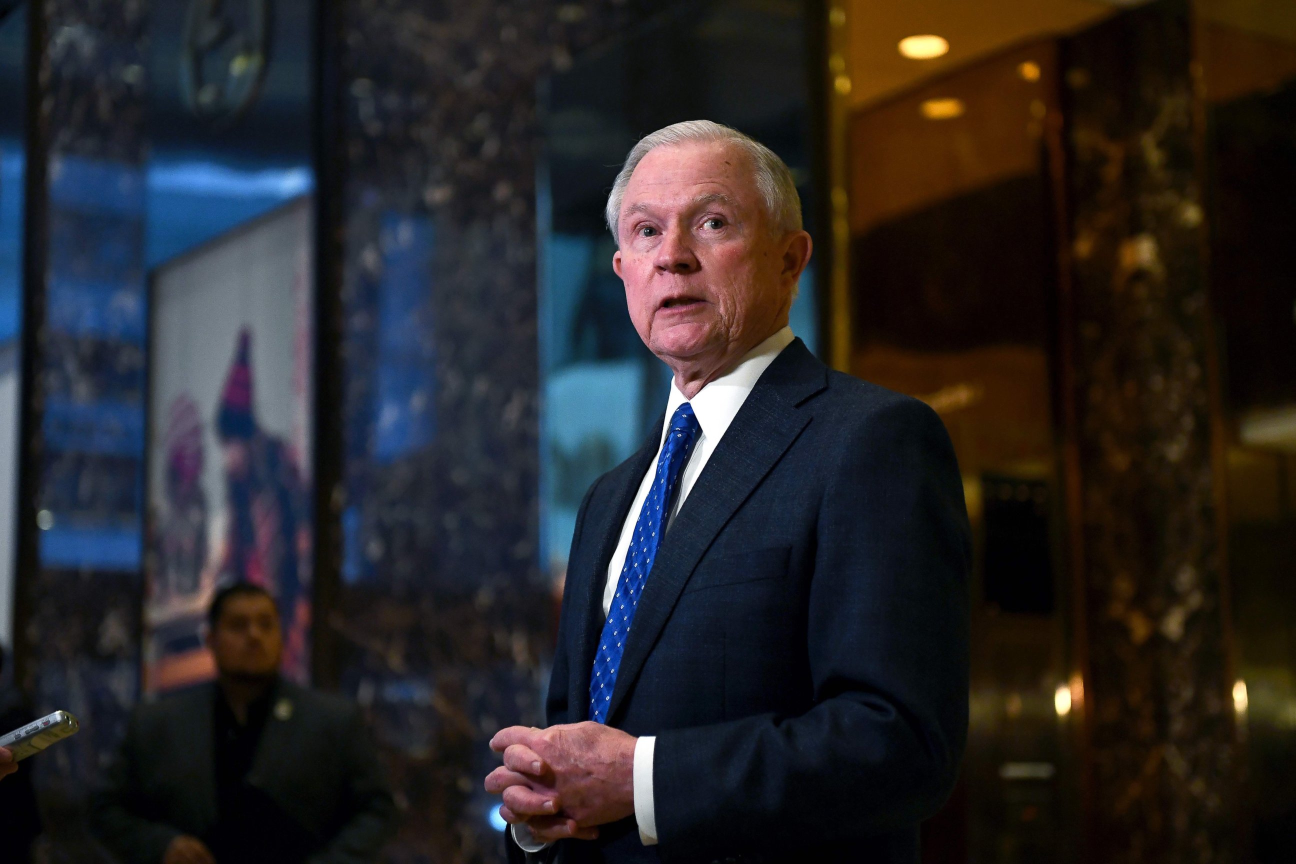 PHOTO: Sen. Jeff Sessions of Alabama talks to the media at the Trump Tower in New York, Nov. 17, 2016.