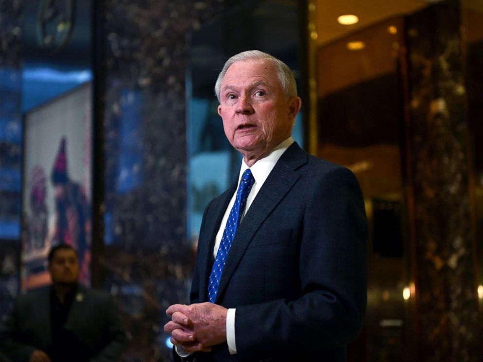 PHOTO: Sen. Jeff Sessions of Alabama talks to the media at the Trump Tower in New York, Nov. 17, 2016.