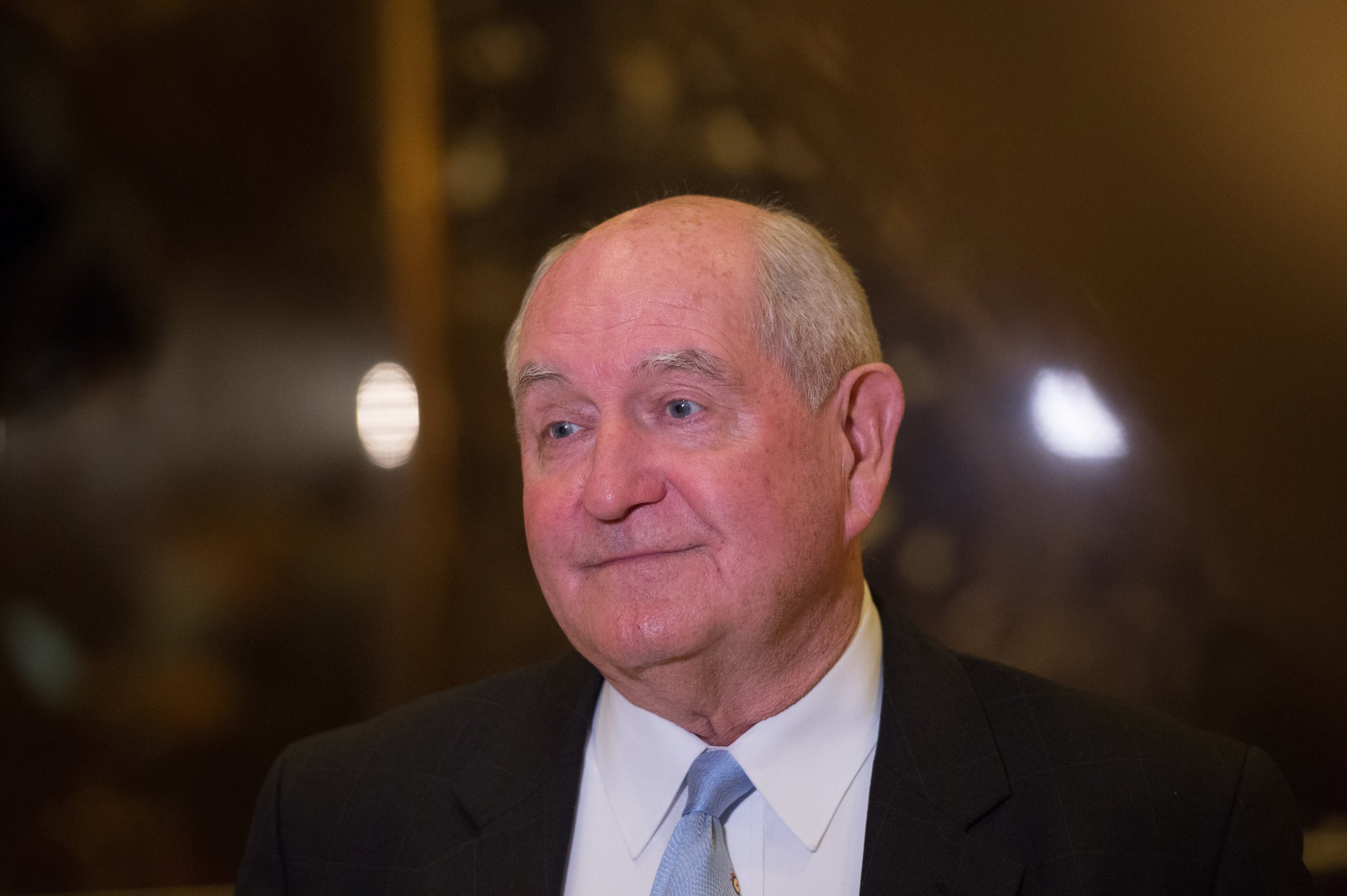 PHOTO: Former Georgia governor Sonny Perdue speaks to the media in the lobby of Trump Tower, Nov. 30, 2016, in New York.