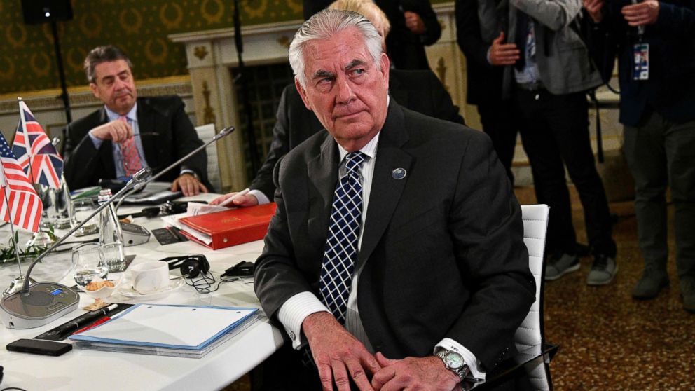 Secretary of State Rex Tillerson sits at a table on the second day of a meeting of Foreign Affairs Ministers from the Group of Seven (G7) industrialised countries, April 11, 2017 in Lucca, Tuscany.