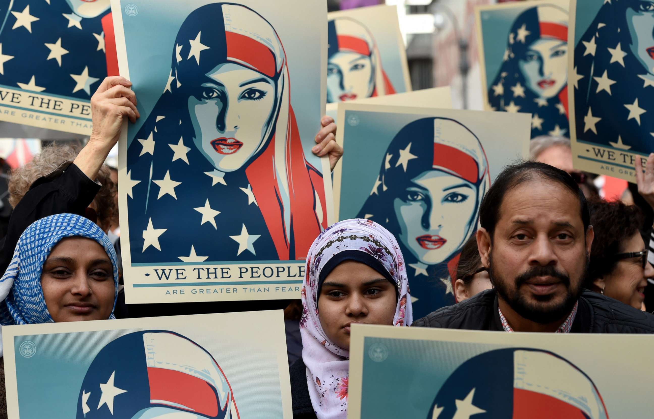 PHOTO: Protesters march in New York's Times Square in solidarity with American Muslims and against the travel ban ordered by President Donald Trump, Feb. 19, 2017. 