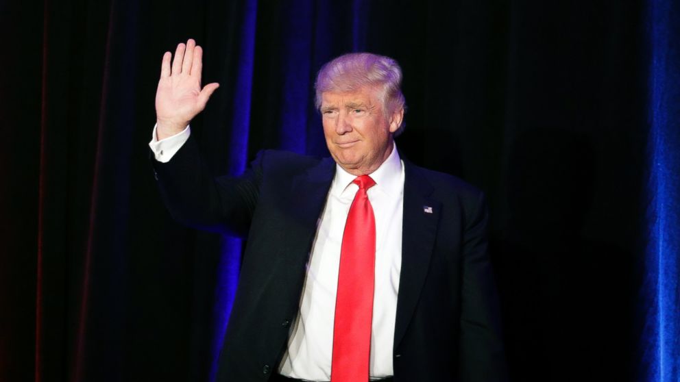 PHOTO: President-elect Donald Trump waves as he arrives at his election night rally, Nov. 9, 2016, in New York.