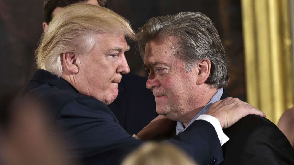 This file photo taken on Jan. 22, 2017, shows President Donald Trump and Stephen Bannon in Washington.