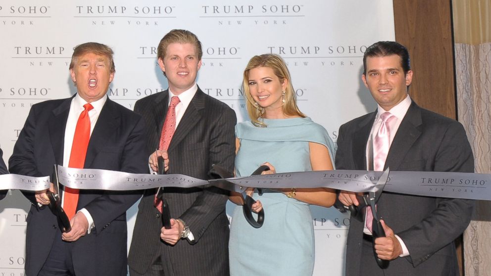 PHOTO: Donald Trump and his children Eric Trump, Ivanka Trump and Donald Trump Jr. attend the ribbon cutting ceremony for Trump SoHo New York at Trump SoHo, April 9, 2010 in New York City.