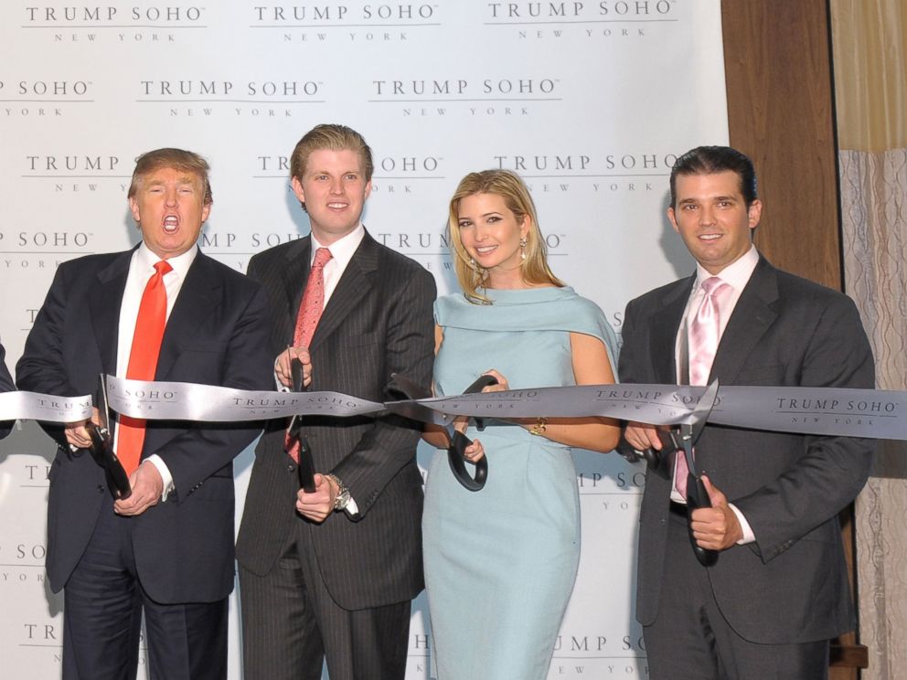 PHOTO: Donald Trump and his children Eric Trump, Ivanka Trump and Donald Trump Jr. attend the ribbon cutting ceremony for Trump SoHo New York at Trump SoHo, April 9, 2010 in New York City.