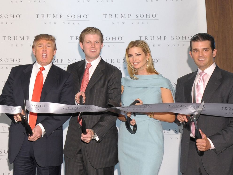 PHOTO: Donald Trump and his children Eric Trump, Ivanka Trump and Donald Trump Jr. attend the ribbon cutting ceremony for Trump SoHo New York at Trump SoHo, April 9, 2010 in New York City.