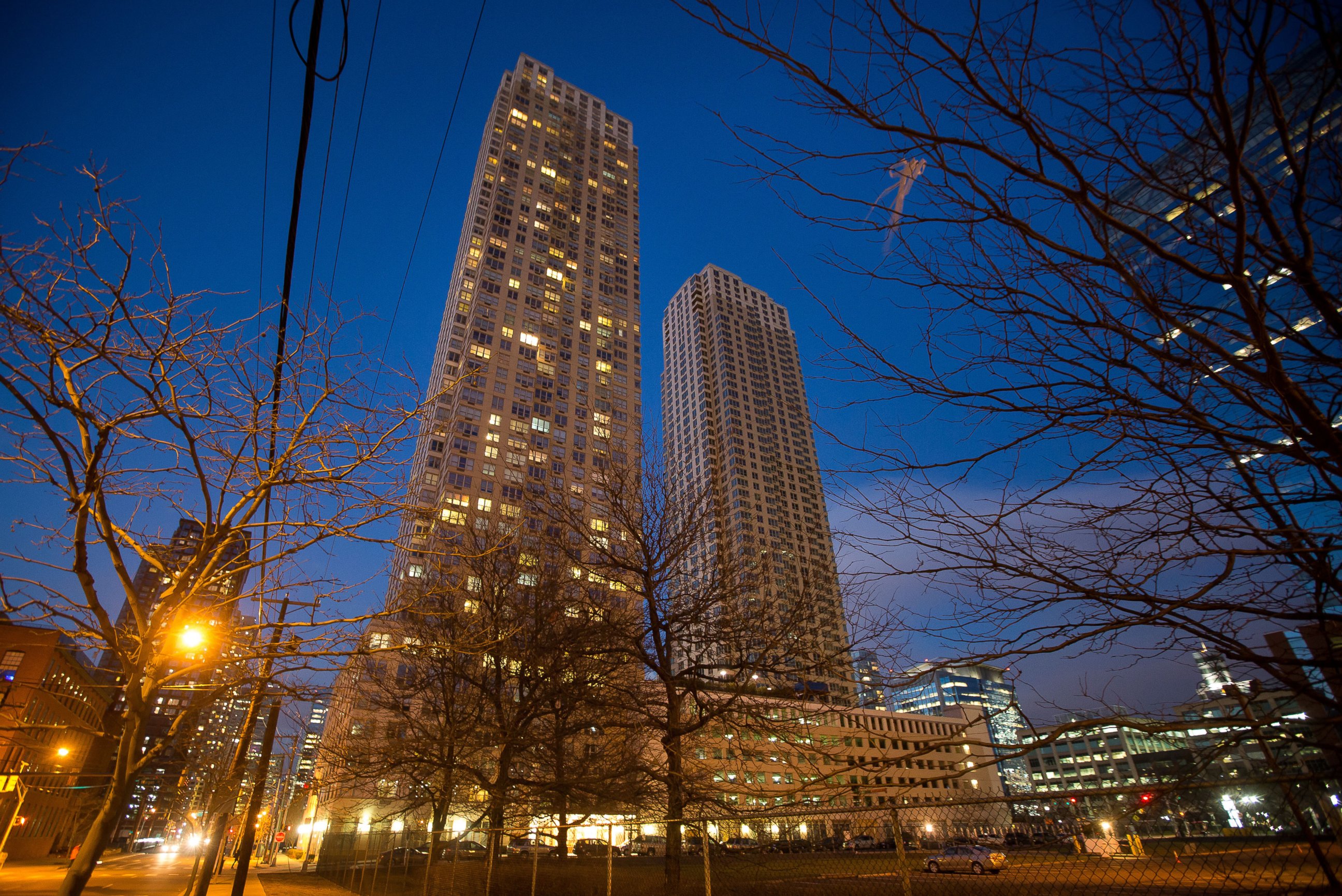 PHOTO: The Trump Bay Tower stands under construction, right, next to the Trump Plaza Residence building in Jersey City, New Jersey, March 5, 2016. 