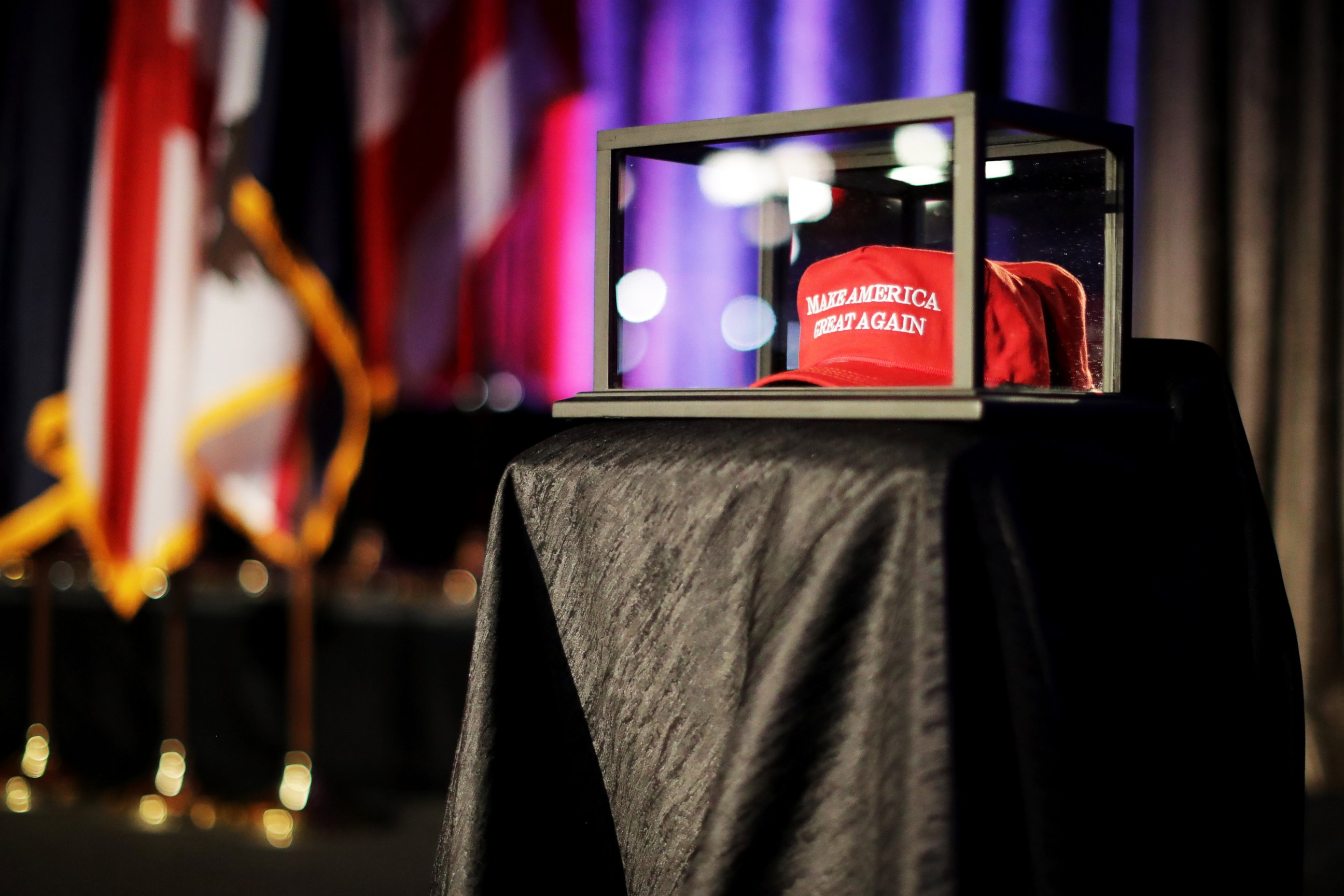 PHOTO: A "Make America Great Again" hat sits in a glass case during Republican presidential nominee Donald Trump's election night party at the New York Hilton Midtown, Nov. 8, 2016 in New York City.