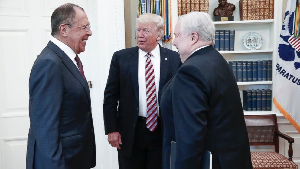 PHOTO: President Donald Trump (C) speaks with Russian Foreign Minister Sergei Lavrov (L) and Russian Ambassador to the U.S. Sergei Kislyak during a meeting at the White House in Washington, D.C., May 10, 2017.
