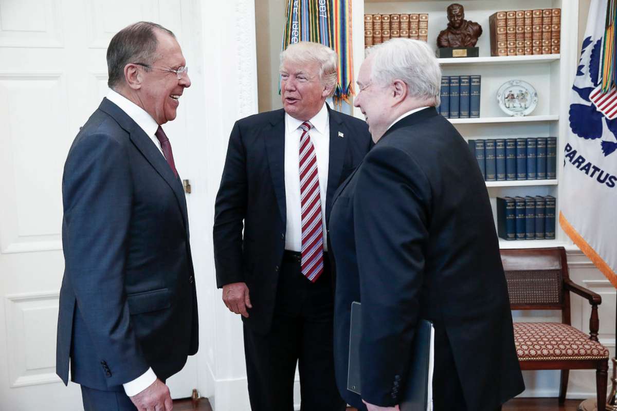PHOTO: President Donald Trump speaks with Russian Foreign Minister Sergei Lavrov, left, and Russian Ambassador to the U.S. Sergey Kislyak, right, during a meeting at the White House in Washington, D.C., May 10, 2017.