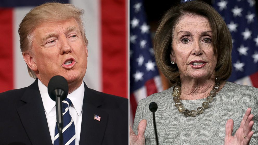 President Donald Trump, left, addresses a joint session of Congress. Nancy Pelosi speaks in Washington.