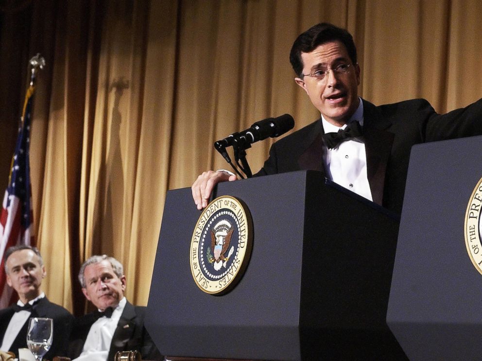 PHOTO: Guest host Stephen Colbert speaks as then-President George W. Bush and Tom Curley of the Associated Press look on at the White House Correspondents Association Dinner, April 29, 2006, at the Washington Hilton Hotel in Washington.